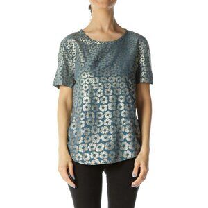 EQUIPMENT FEMME RILEY TEE Silk Blouse Top Size Medium Teal Metallic Gold Flowers
